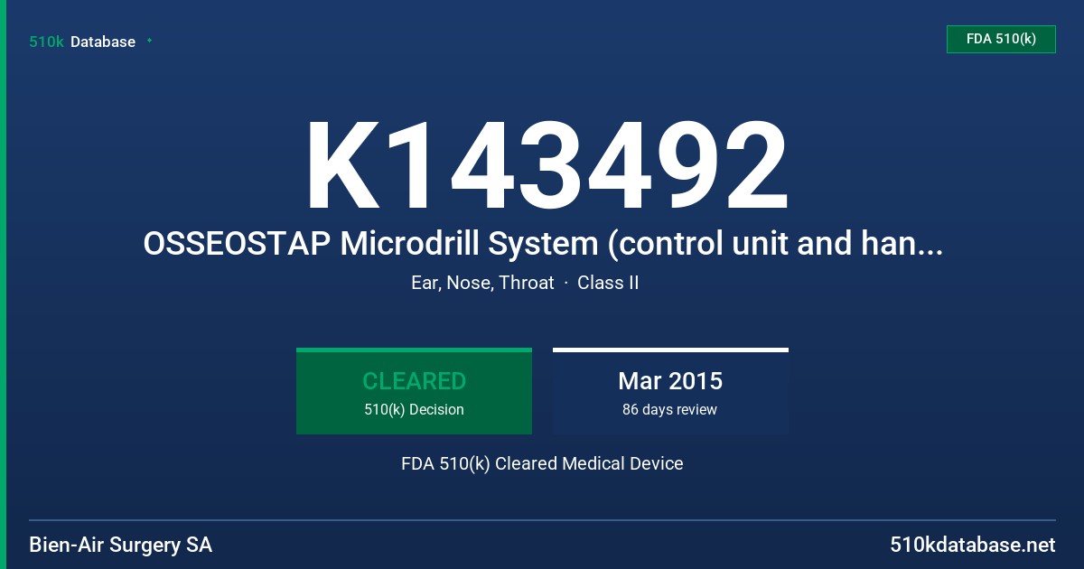 K143492 OSSEOSTAP Microdrill System (control unit and handpiece), OSSEOSTAP control unit (foot pedal), OSSEOSTAP handpiece FDA 510(k) Cleared Medical Device