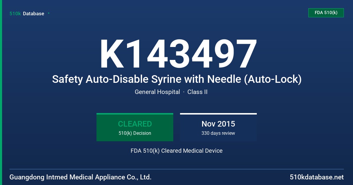 K143497 Safety Auto-Disable Syrine with Needle (Auto-Lock) FDA 510(k) Cleared Medical Device