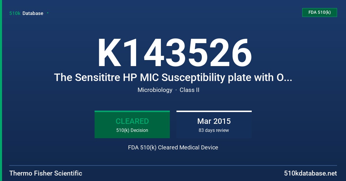 K143526 The Sensititre HP MIC Susceptibility plate with Oritavancin (0.0005-8mcg/ml) FDA 510(k) Cleared Medical Device