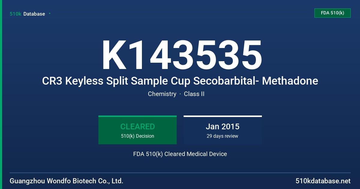 K143535 CR3 Keyless Split Sample Cup Secobarbital- Methadone FDA 510(k) Cleared Medical Device