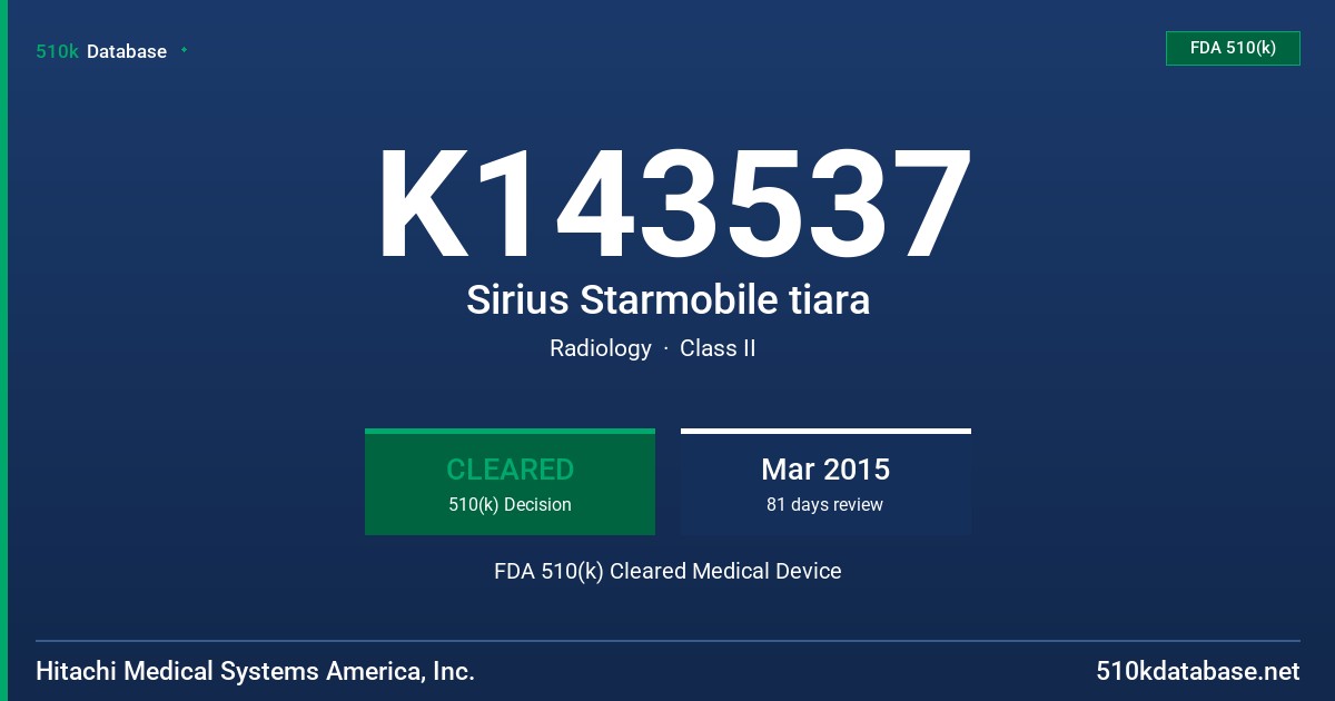 K143537 Sirius Starmobile tiara FDA 510(k) Cleared Medical Device