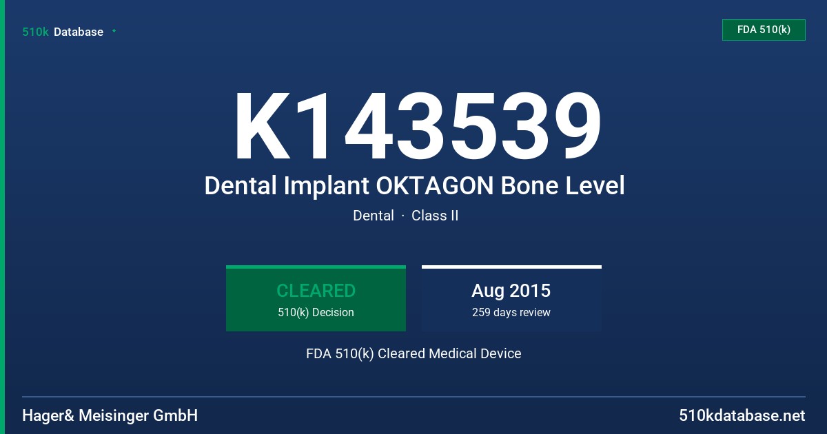 K143539 Dental Implant OKTAGON Bone Level FDA 510(k) Cleared Medical Device
