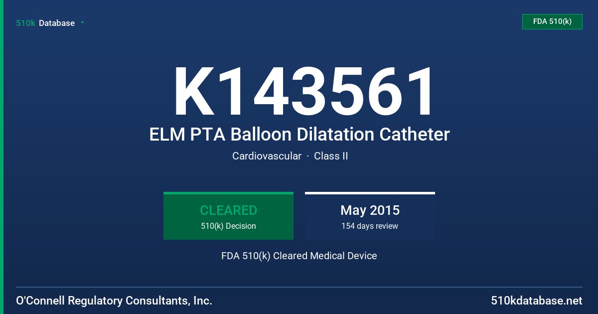 K143561 ELM PTA Balloon Dilatation Catheter FDA 510(k) Cleared Medical Device