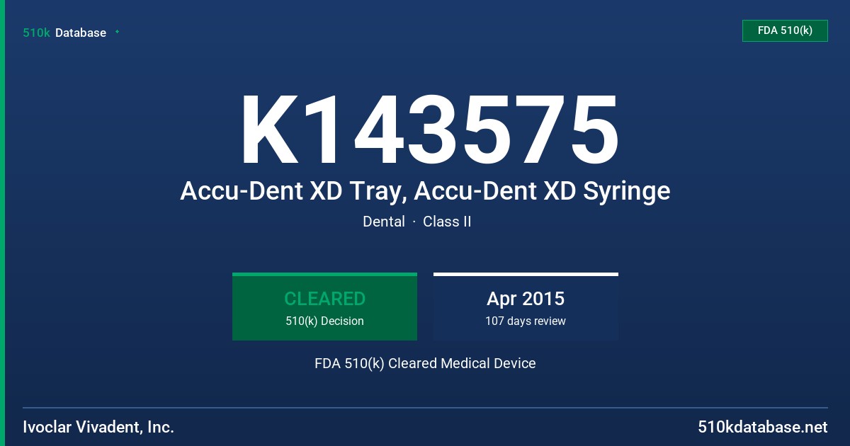 K143575 Accu-Dent XD Tray, Accu-Dent XD Syringe FDA 510(k) Cleared Medical Device