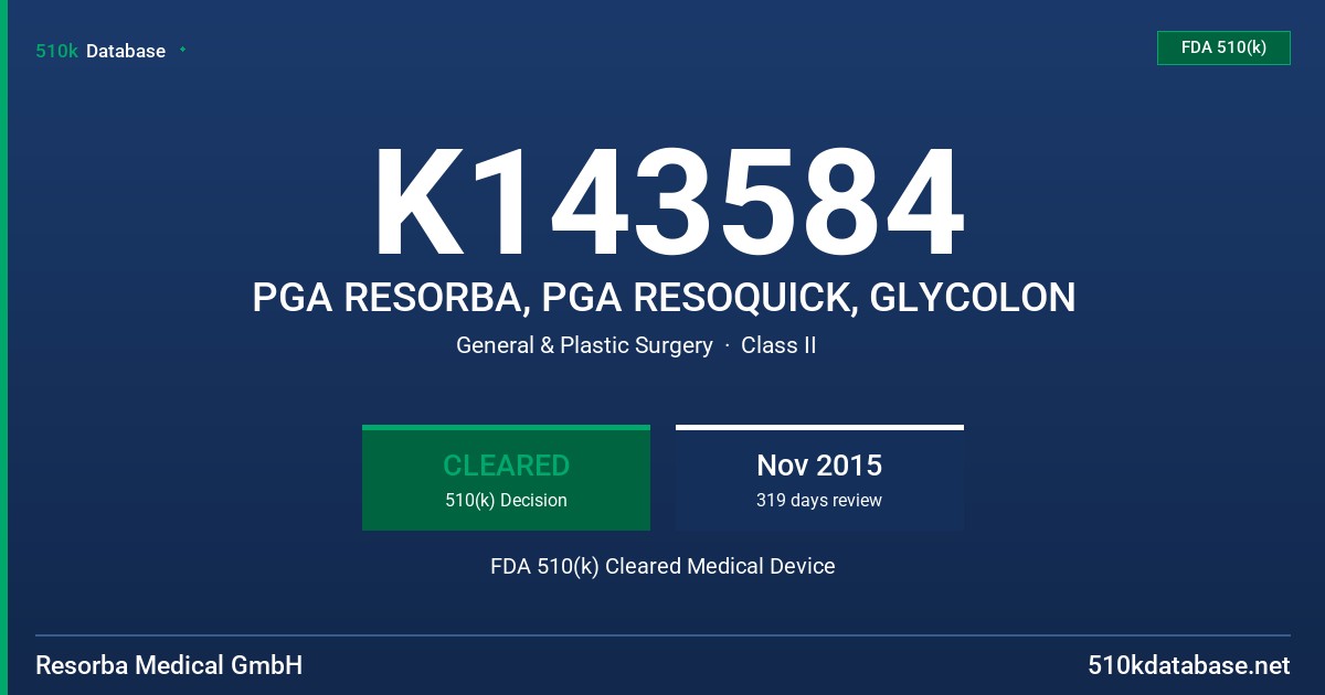 K143584 PGA RESORBA, PGA RESOQUICK, GLYCOLON FDA 510(k) Cleared Medical Device