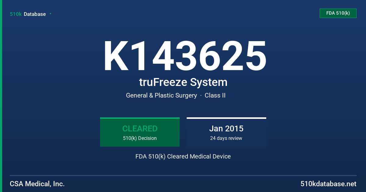 K143625 truFreeze System FDA 510(k) Cleared Medical Device