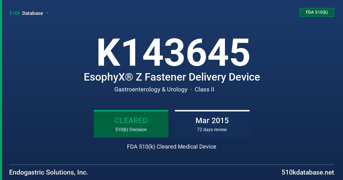 K143645 EsophyX® Z Fastener Delivery Device FDA 510(k) Cleared Medical Device