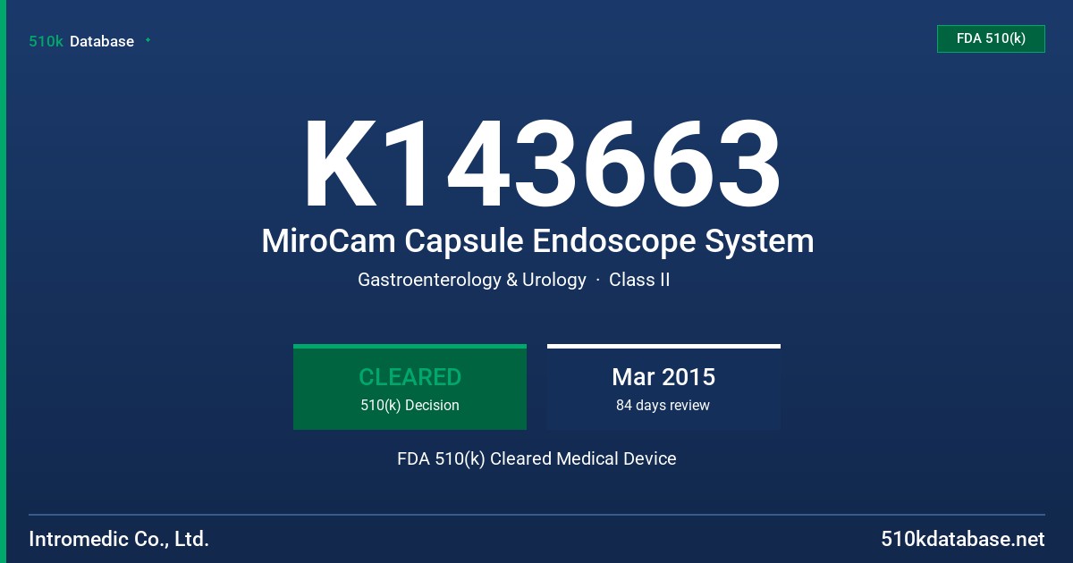 K143663 MiroCam Capsule Endoscope System FDA 510(k) Cleared Medical Device