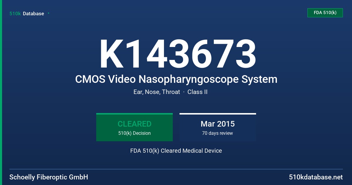 K143673 CMOS Video Nasopharyngoscope System FDA 510(k) Cleared Medical Device