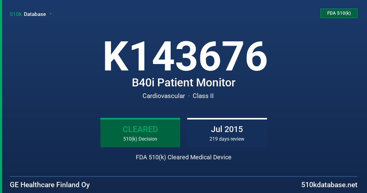 K143676 B40i Patient Monitor FDA 510(k) Cleared Medical Device