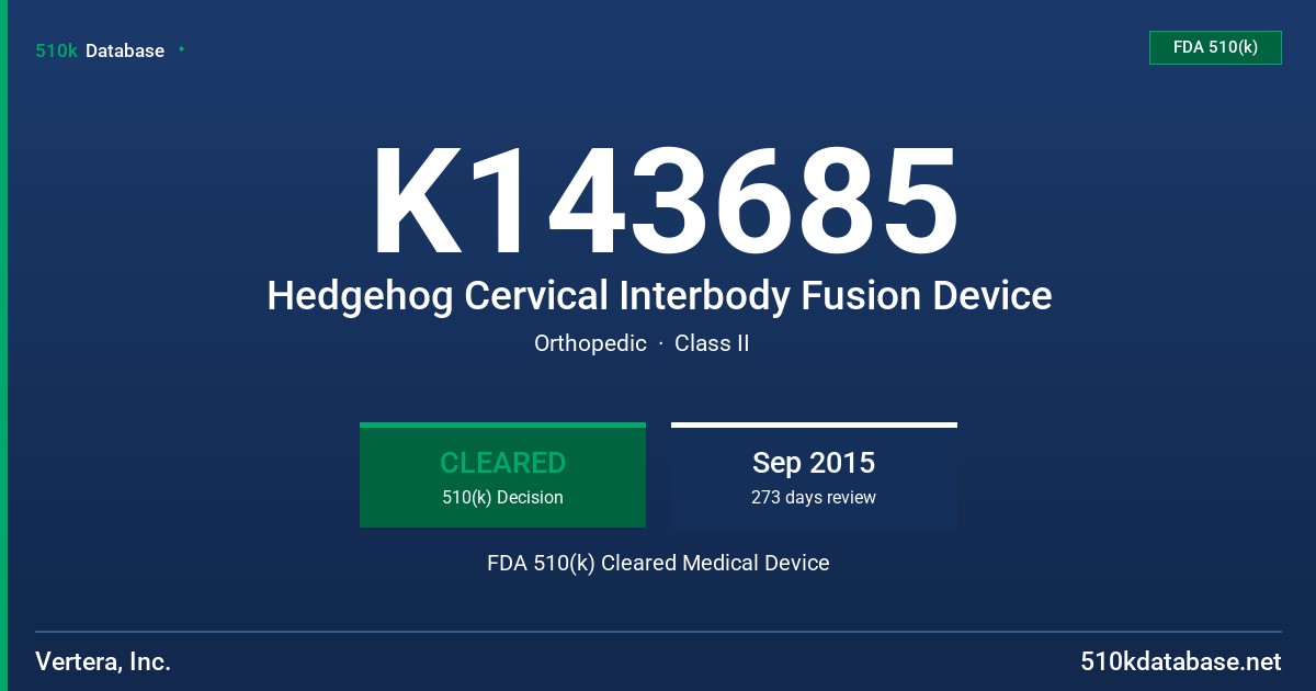 K143685 Hedgehog Cervical Interbody Fusion Device FDA 510(k) Cleared Medical Device