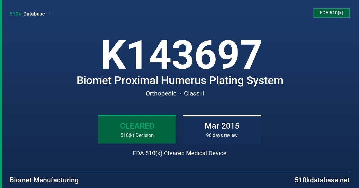K143697 Biomet Proximal Humerus Plating System FDA 510(k) Cleared Medical Device