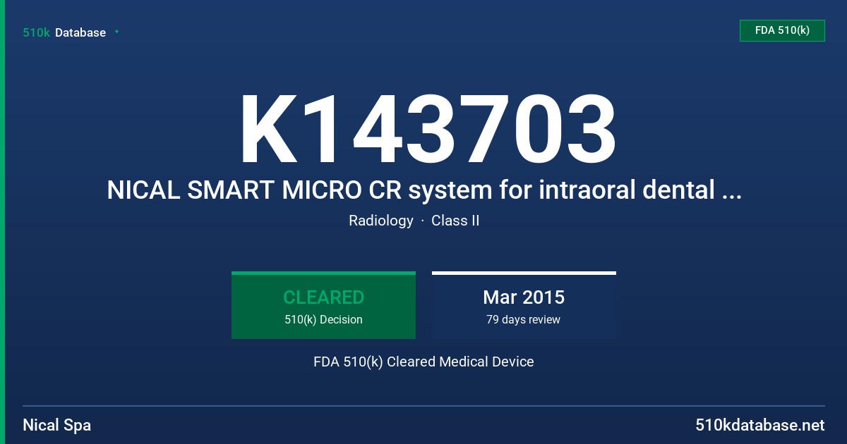 K143703 NICAL SMART MICRO CR system for intraoral dental images FDA 510(k) Cleared Medical Device
