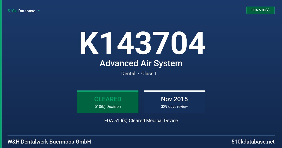 K143704 Advanced Air System FDA 510(k) Cleared Medical Device