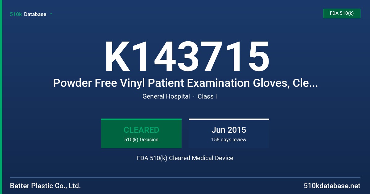K143715 Powder Free Vinyl Patient Examination Gloves, Clear (non-colored) FDA 510(k) Cleared Medical Device