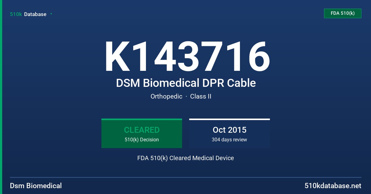 K143716 DSM Biomedical DPR Cable FDA 510(k) Cleared Medical Device