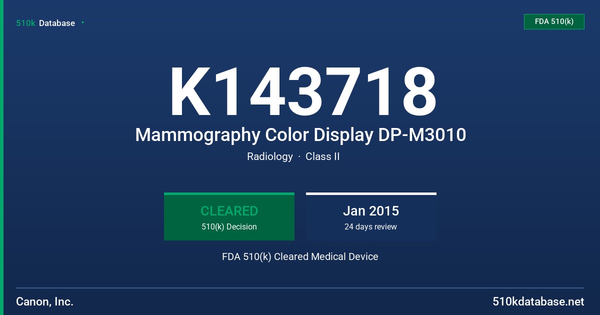 K143718 Mammography Color Display DP-M3010 FDA 510(k) Cleared Medical Device