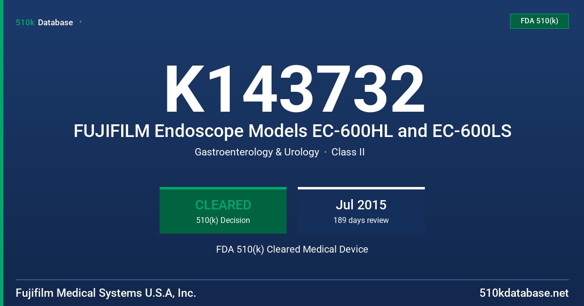 K143732 FUJIFILM Endoscope Models EC-600HL and EC-600LS FDA 510(k) Cleared Medical Device