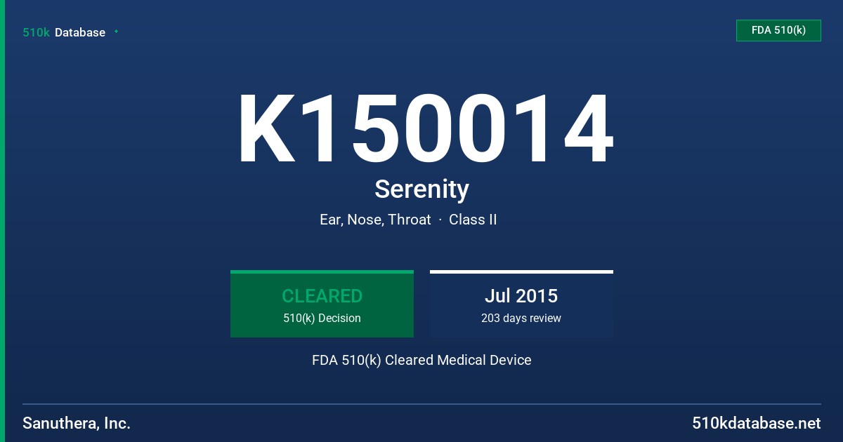 K150014 Serenity FDA 510(k) Cleared Medical Device