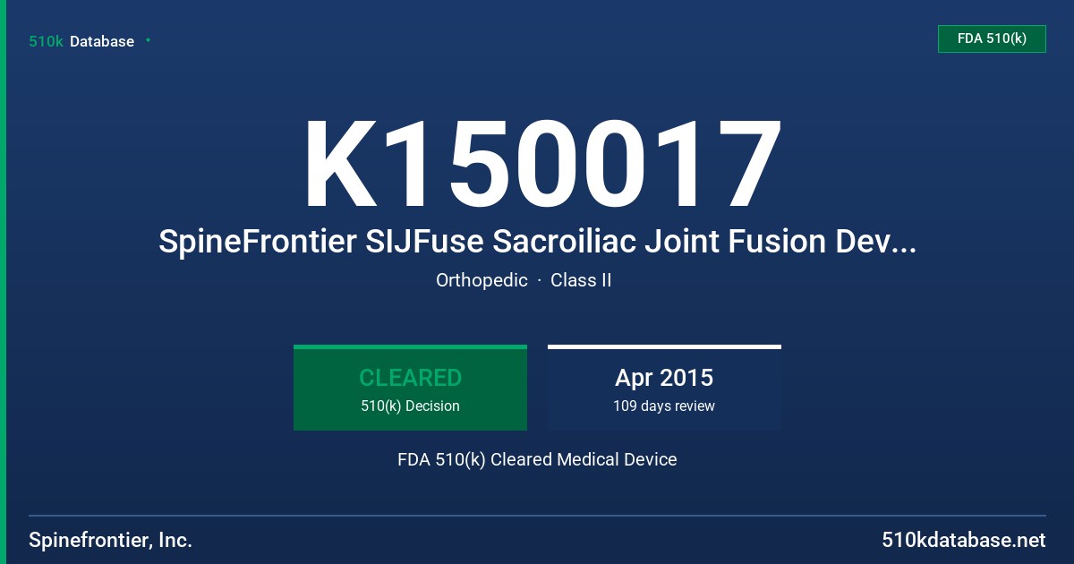 K150017 SpineFrontier SIJFuse Sacroiliac Joint Fusion Device System FDA 510(k) Cleared Medical Device