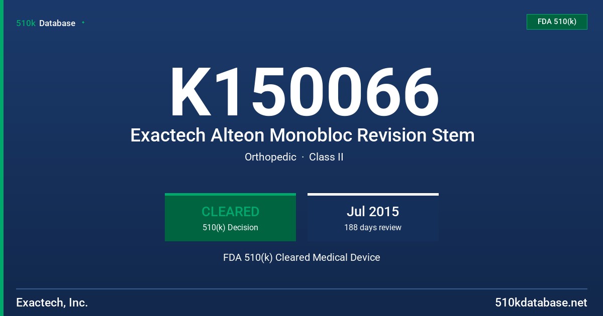 K150066 Exactech Alteon Monobloc Revision Stem FDA 510(k) Cleared Medical Device