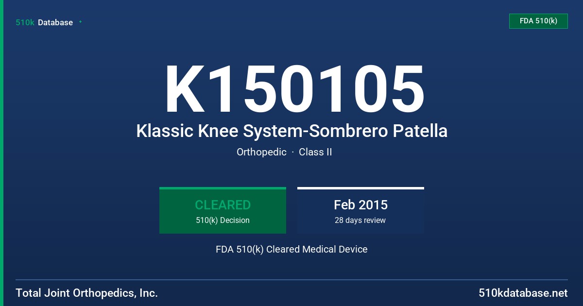 K150105 Klassic Knee System-Sombrero Patella FDA 510(k) Cleared Medical Device