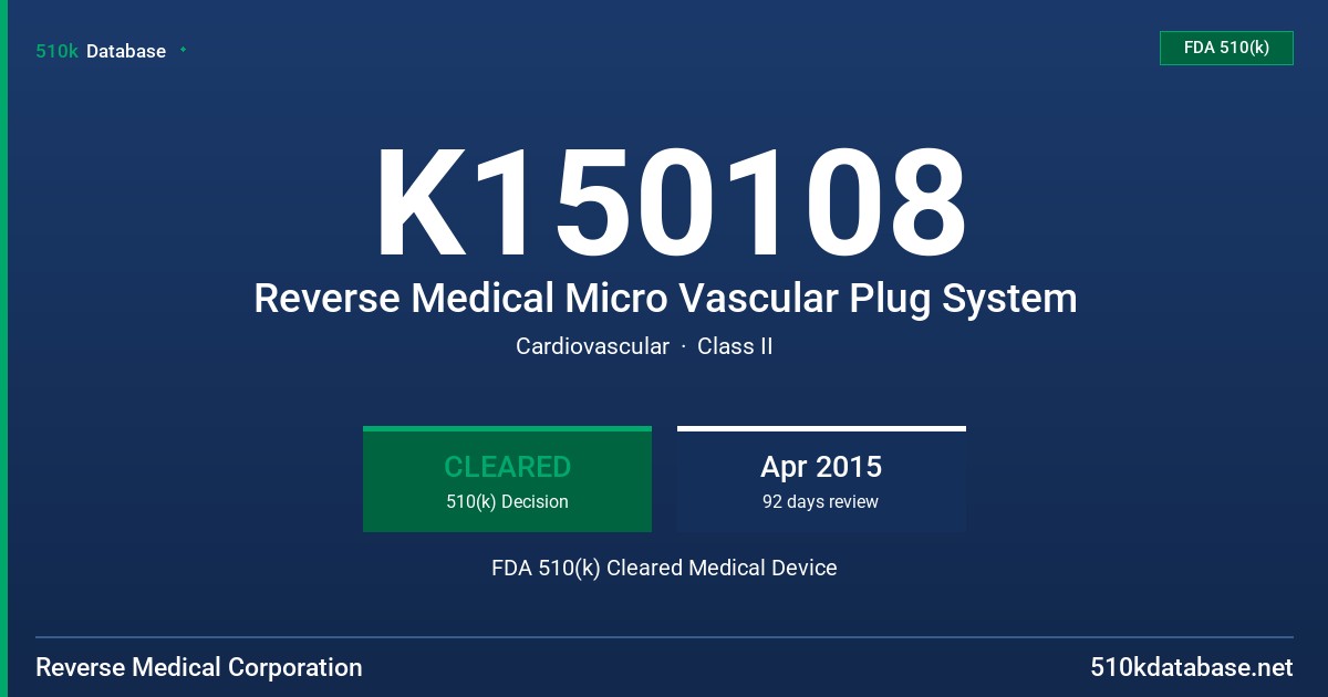 K150108 Reverse Medical Micro Vascular Plug System FDA 510(k) Cleared Medical Device