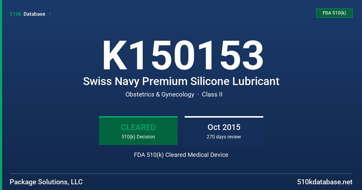 K150153 Swiss Navy Premium Silicone Lubricant FDA 510(k) Cleared Medical Device
