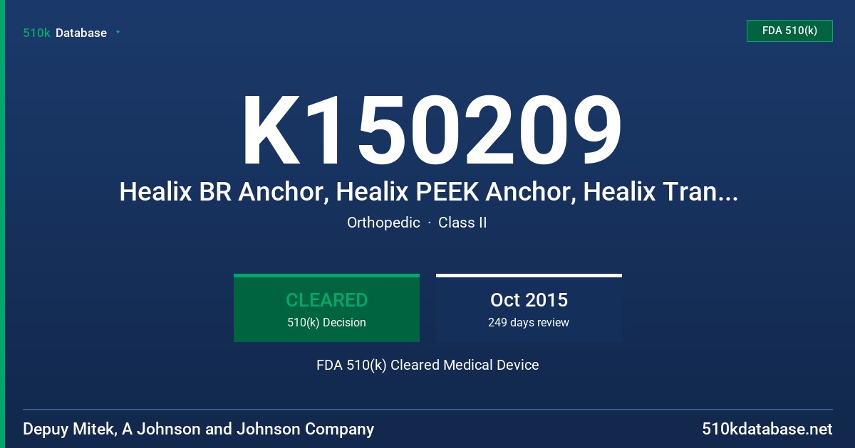 K150209 Healix BR Anchor, Healix PEEK Anchor, Healix Transtend, Gryphon T and P BR Anchor, Gryphon PEEK Anchor, VersaLok Anchor, Bioknotless BR Anchor, Lupine BR Anchor, PanaLok Anchor,PanaLok Anchor with Orthocord, PanaLok RC QuickAnchor Plus FDA 510(k) Cleared Medical Device