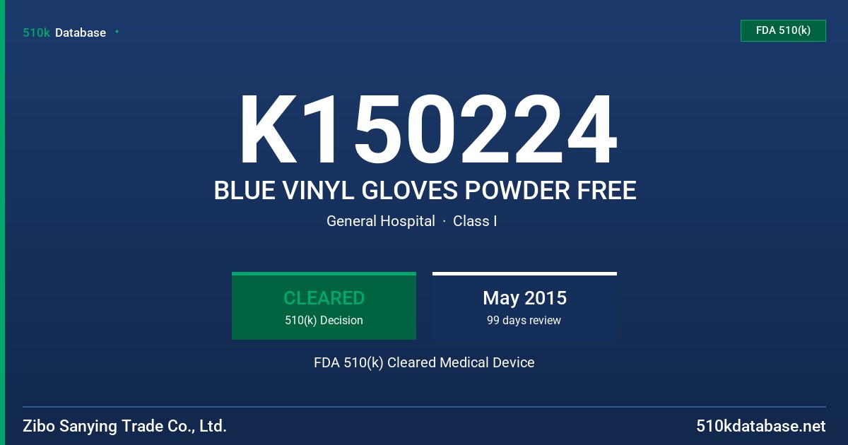K150224 BLUE VINYL GLOVES POWDER FREE FDA 510(k) Cleared Medical Device