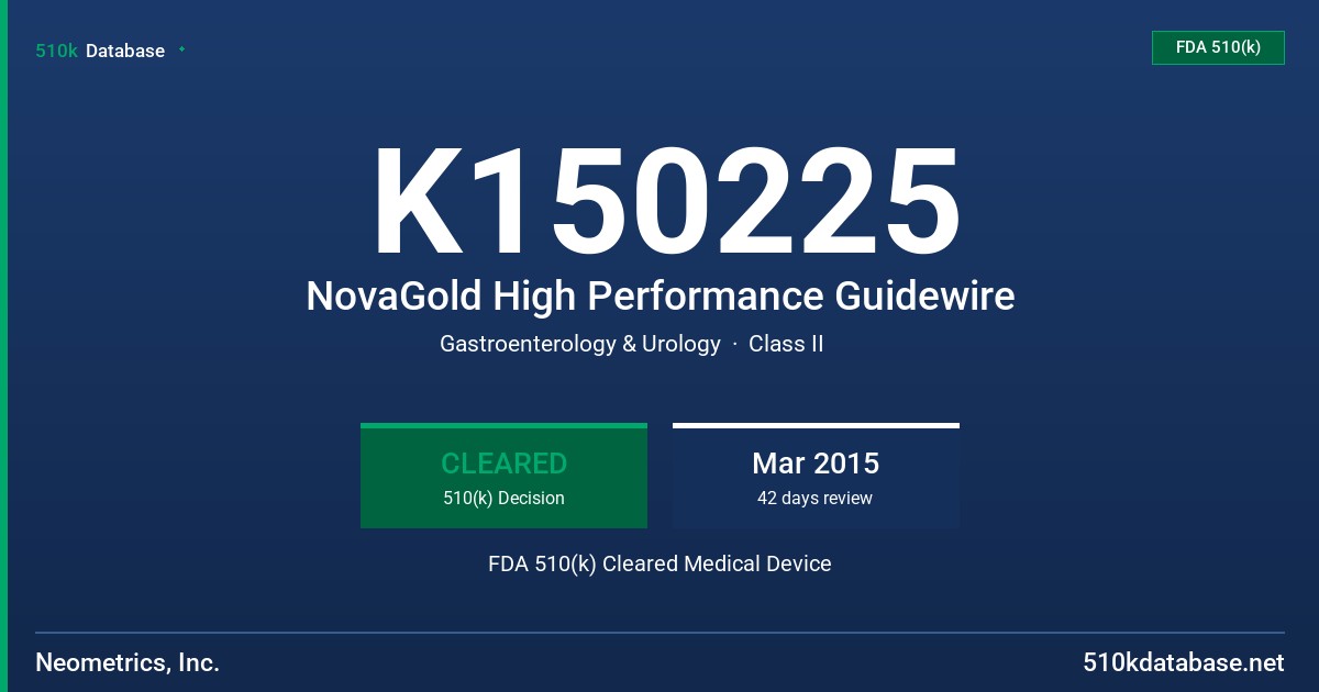 K150225 NovaGold High Performance Guidewire FDA 510(k) Cleared Medical Device