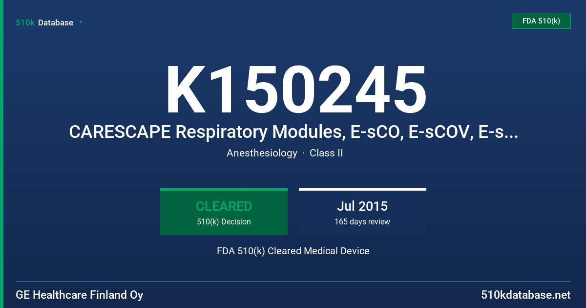 K150245 CARESCAPE Respiratory Modules, E-sCO, E-sCOV, E-sCOVX, E-sCAiO, E-sCAiOV, E-sCAiOVX FDA 510(k) Cleared Medical Device