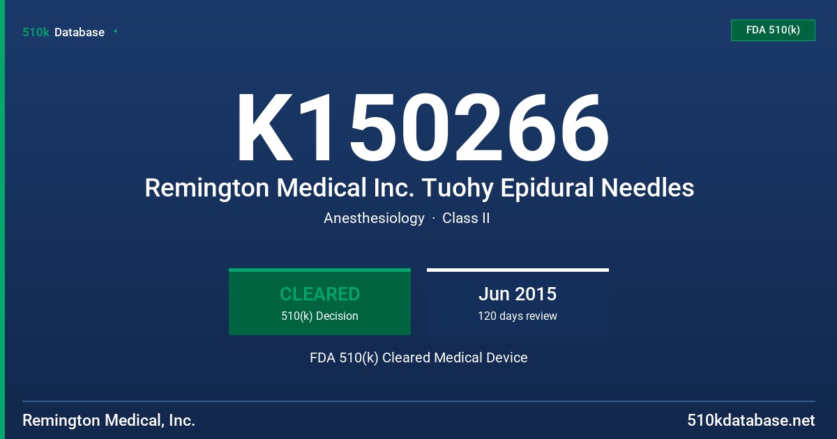 K150266 Remington Medical Inc. Tuohy Epidural Needles FDA 510(k) Cleared Medical Device