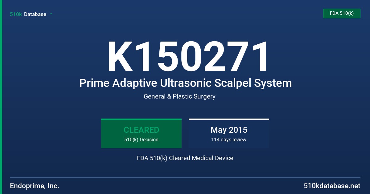 K150271 Prime Adaptive Ultrasonic Scalpel System FDA 510(k) Cleared Medical Device