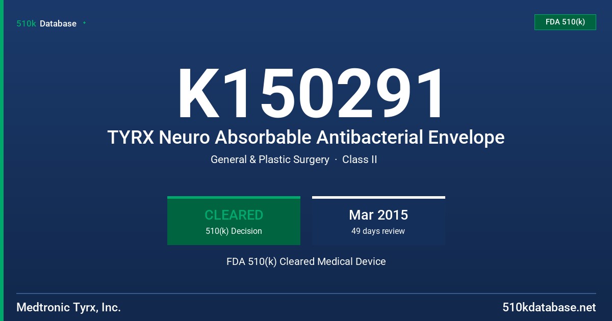 K150291 TYRX Neuro Absorbable Antibacterial Envelope FDA 510(k) Cleared Medical Device