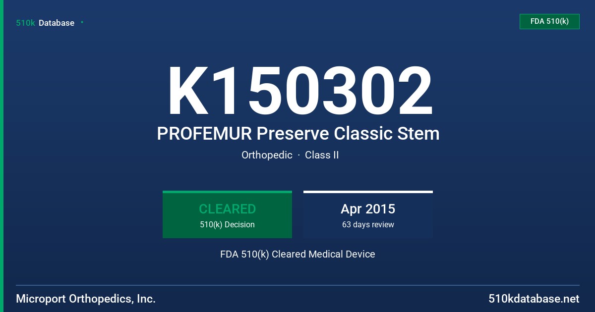 K150302 PROFEMUR Preserve Classic Stem FDA 510(k) Cleared Medical Device