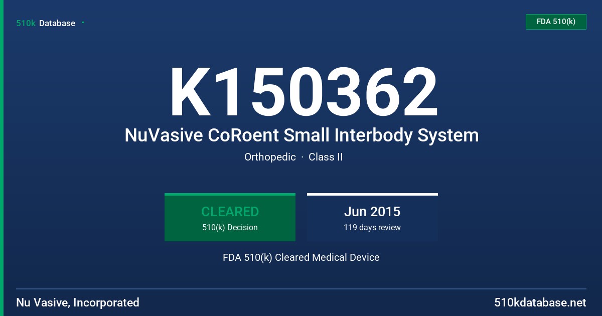 K150362 NuVasive CoRoent Small Interbody System FDA 510(k) Cleared Medical Device