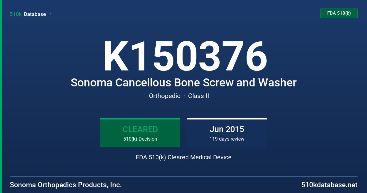 K150376 Sonoma Cancellous Bone Screw and Washer FDA 510(k) Cleared Medical Device