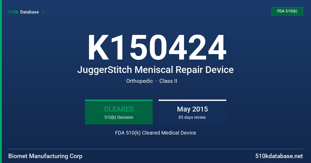 K150424 JuggerStitch Meniscal Repair Device FDA 510(k) Cleared Medical Device