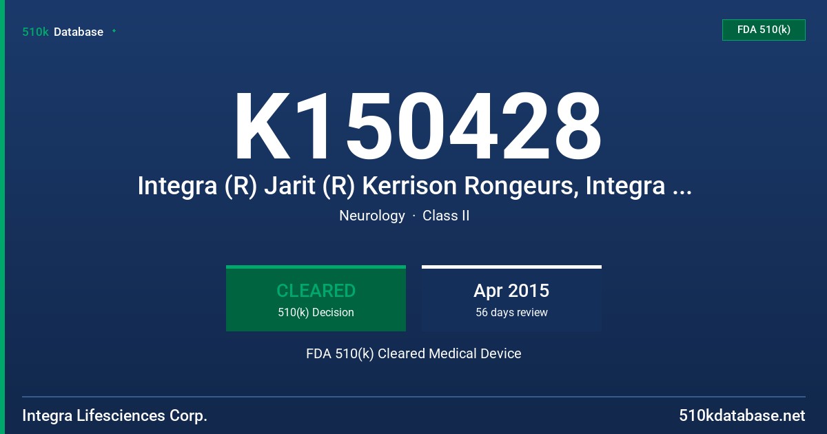 K150428 Integra (R) Jarit (R) Kerrison Rongeurs, Integra (R) Ruggles (TM)-Redmons (TM) Kerrison Rongeurs, Integra (R) Miltex (R) Kerrison Rongeurs, Integra (R) Meisterhand (R) Kerrison Rongeurs FDA 510(k) Cleared Medical Device