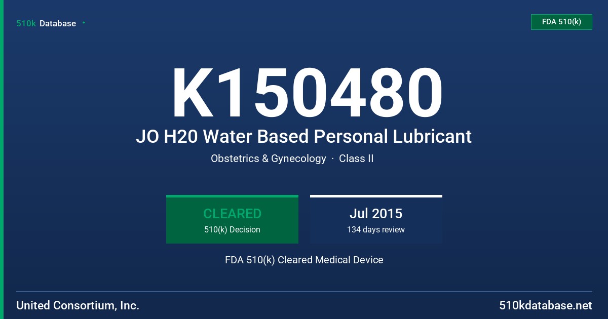K150480 JO H20 Water Based Personal Lubricant FDA 510(k) Cleared Medical Device
