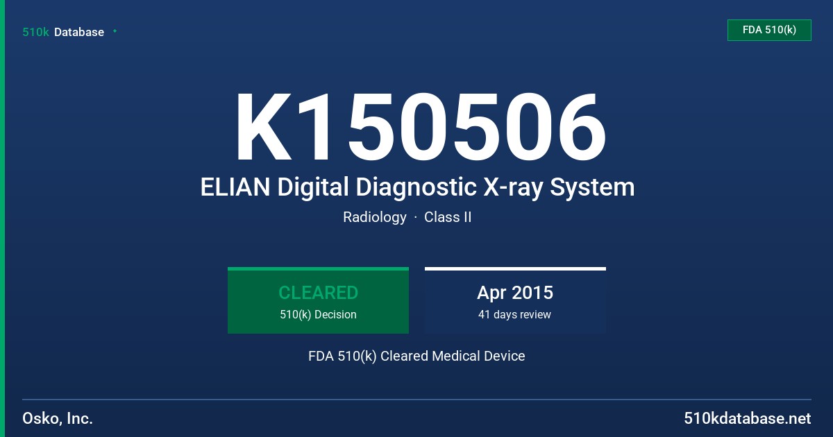 K150506 ELIAN Digital Diagnostic X-ray System FDA 510(k) Cleared Medical Device