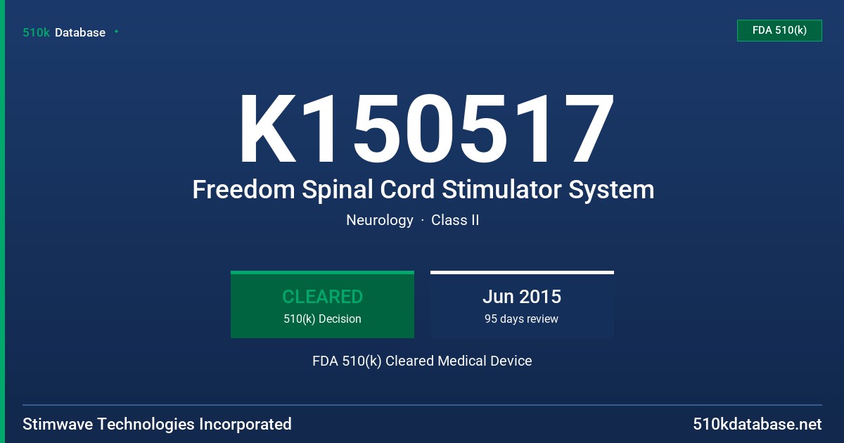 K150517 Freedom Spinal Cord Stimulator System FDA 510(k) Cleared Medical Device