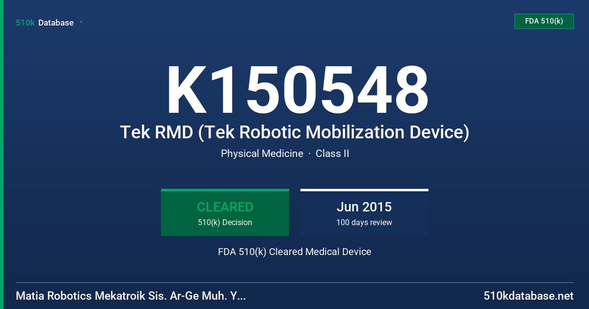 K150548 Tek RMD (Tek Robotic Mobilization Device) FDA 510(k) Cleared Medical Device