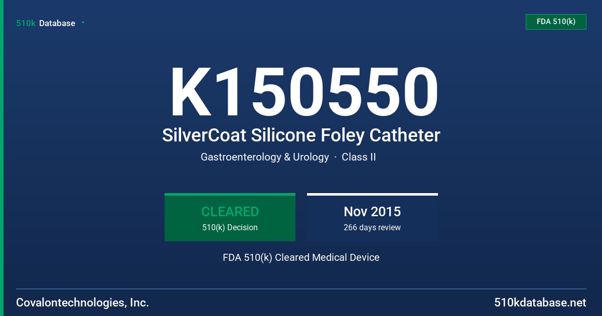 K150550 SilverCoat Silicone Foley Catheter FDA 510(k) Cleared Medical Device