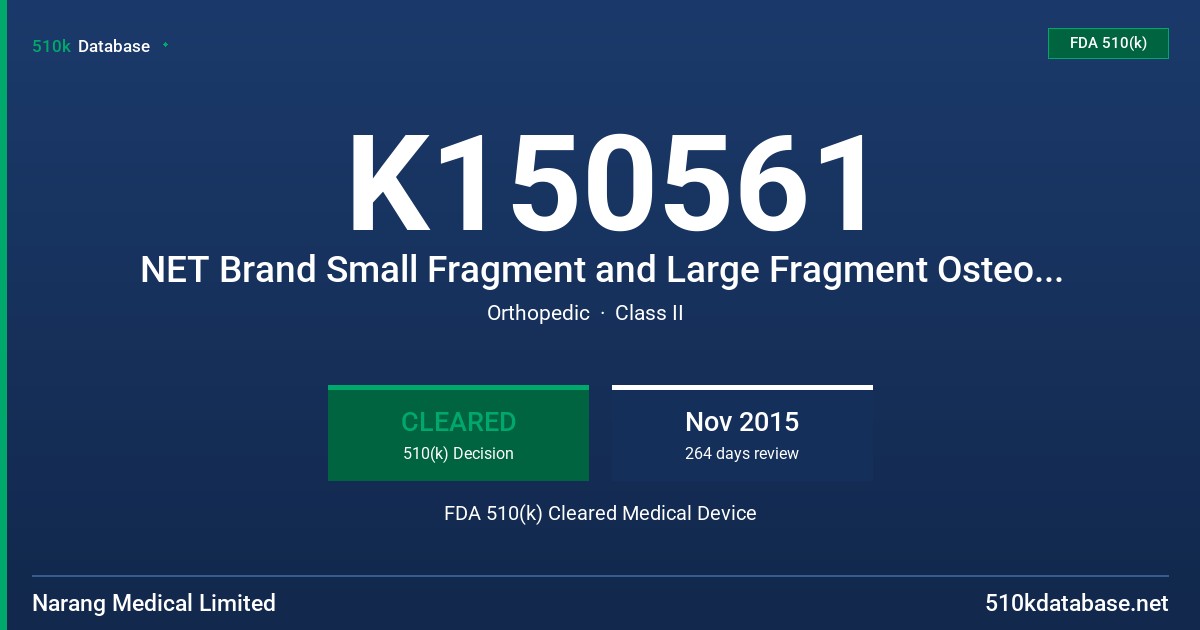 K150561 NET Brand Small Fragment and Large Fragment Osteosynthesis Plating System, NET Brand of DHS/DCS Plating System FDA 510(k) Cleared Medical Device