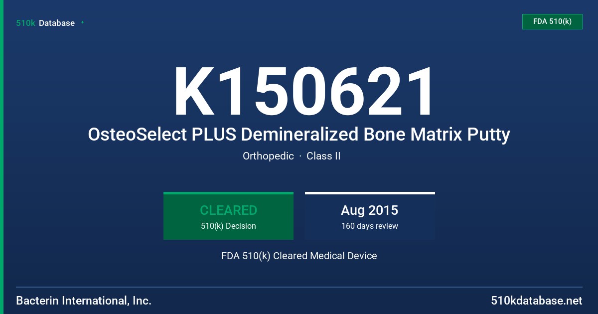 K150621 OsteoSelect PLUS Demineralized Bone Matrix Putty FDA 510(k) Cleared Medical Device