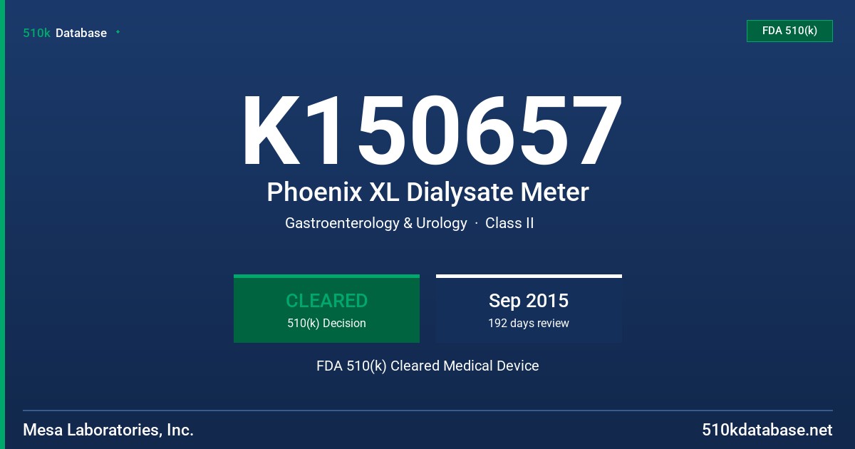 K150657 Phoenix XL Dialysate Meter FDA 510(k) Cleared Medical Device