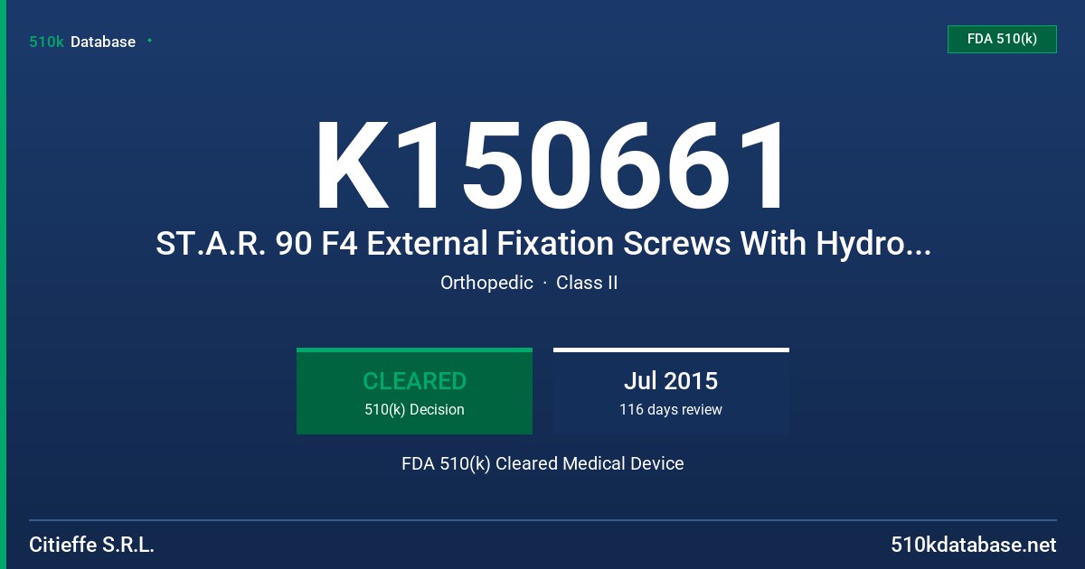 K150661 ST.A.R. 90 F4 External Fixation Screws With Hydroxyapatite FDA 510(k) Cleared Medical Device