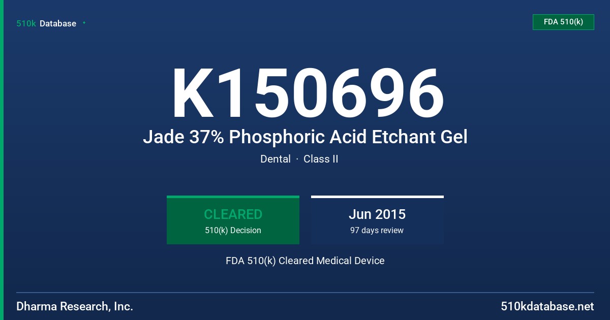 K150696 Jade 37% Phosphoric Acid Etchant Gel FDA 510(k) Cleared Medical Device